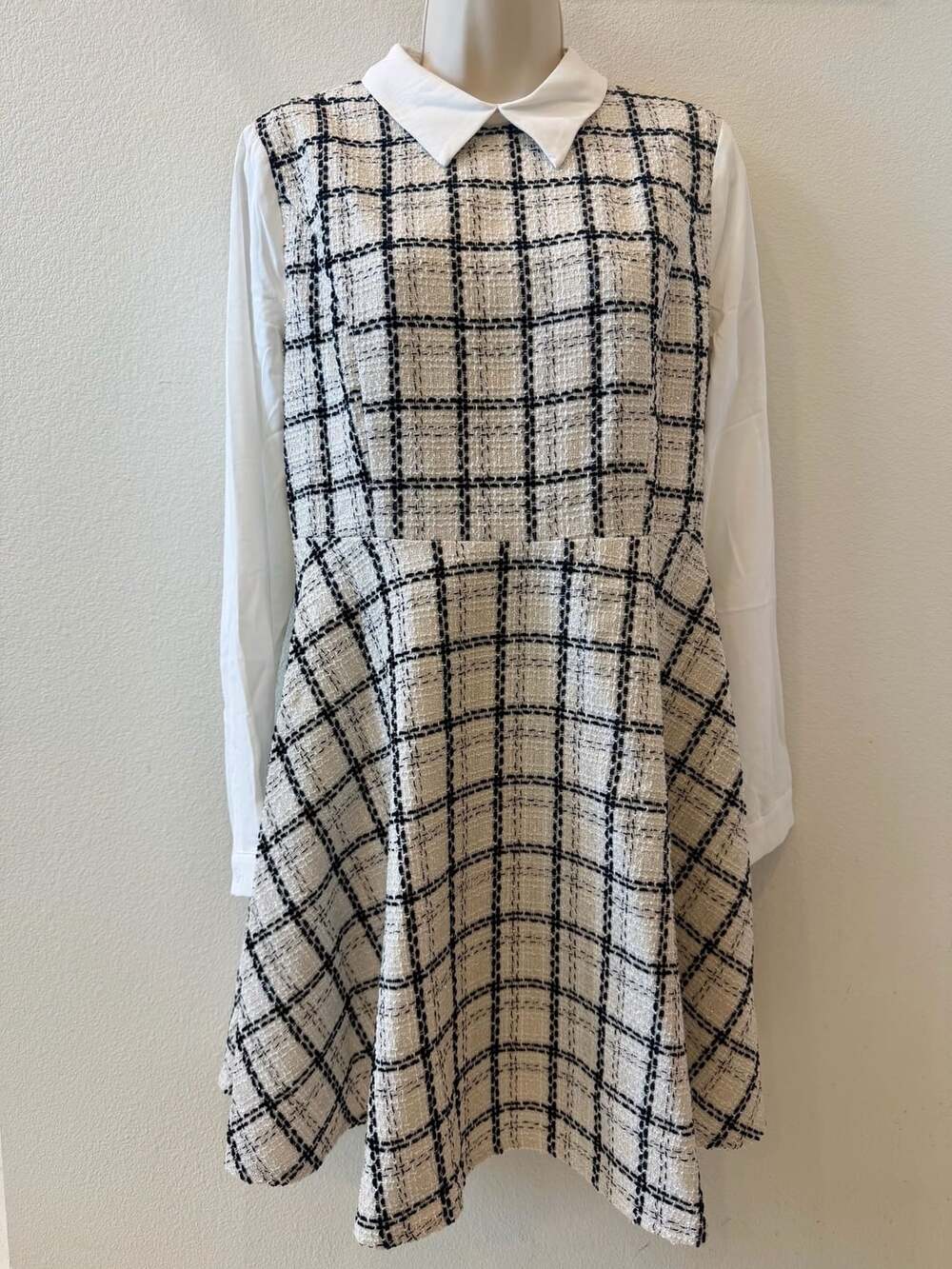 Allegra K Women's Black and White Plaid Tweed A-Line Dress Sleeve shirt 888